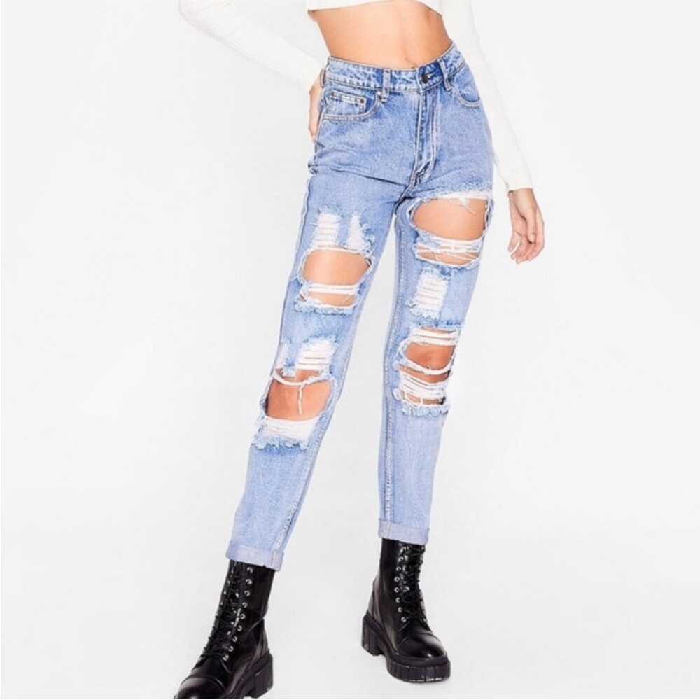 Nasty Gal Light Blue High Rise Distressed Jeans 6